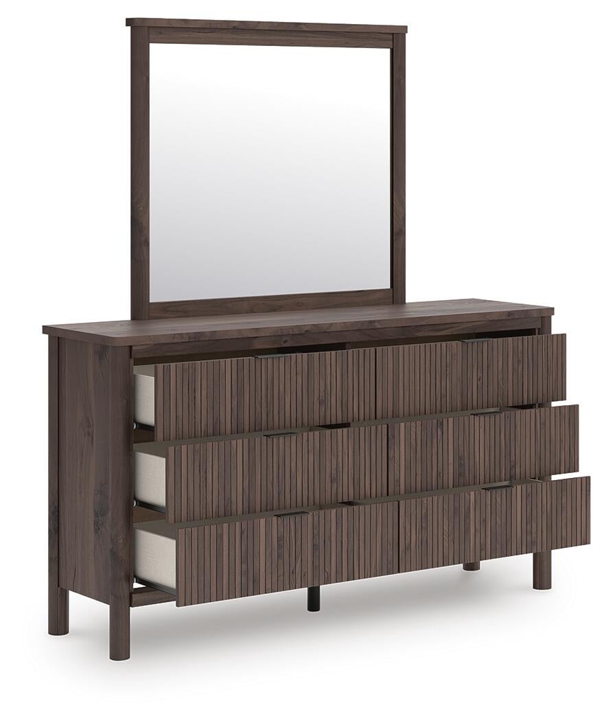 Pamytta Queen Upholstered Panel Platform Bed, Dresser and Mirror